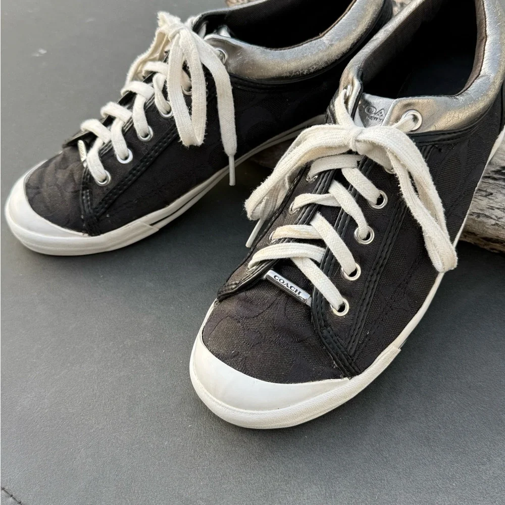 Coach Francesca lace-up sneakers in black metallic silver/pewter trim‎ 9.5
